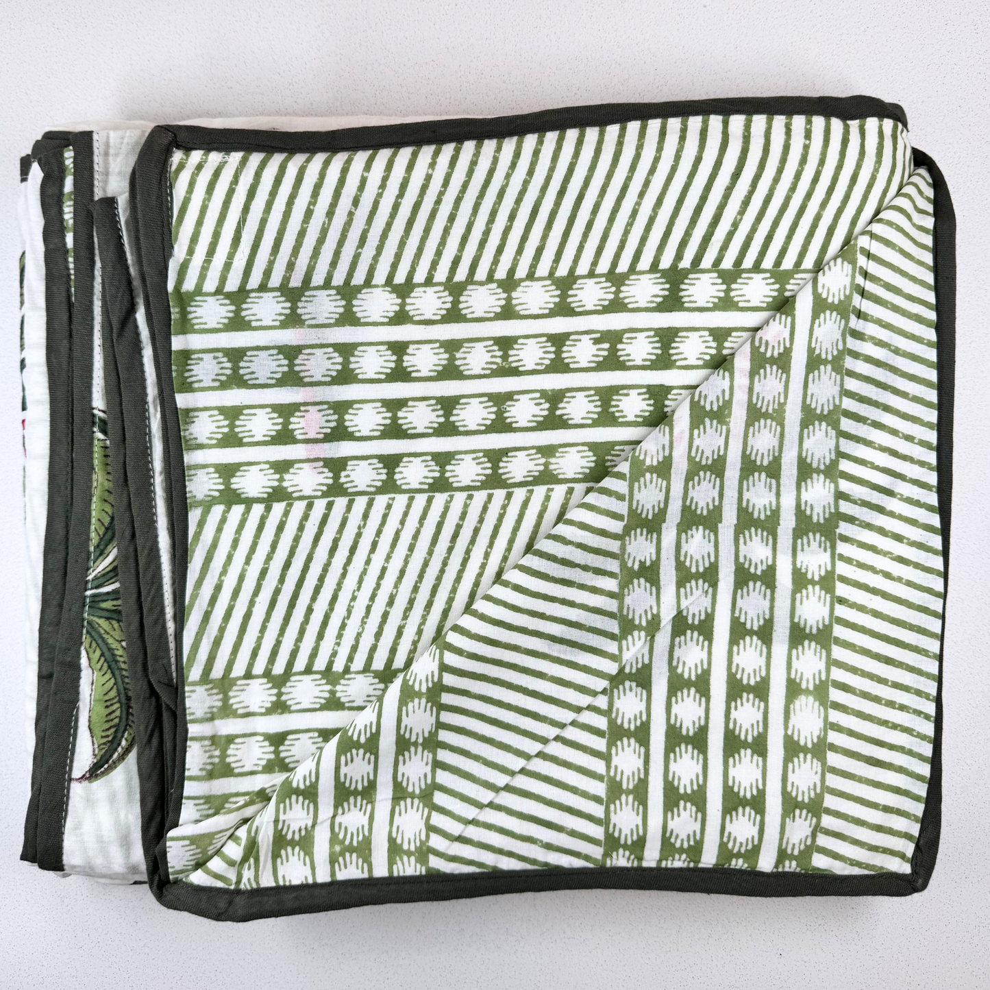 Double Layer Cotton Blanket Set - Green Palm